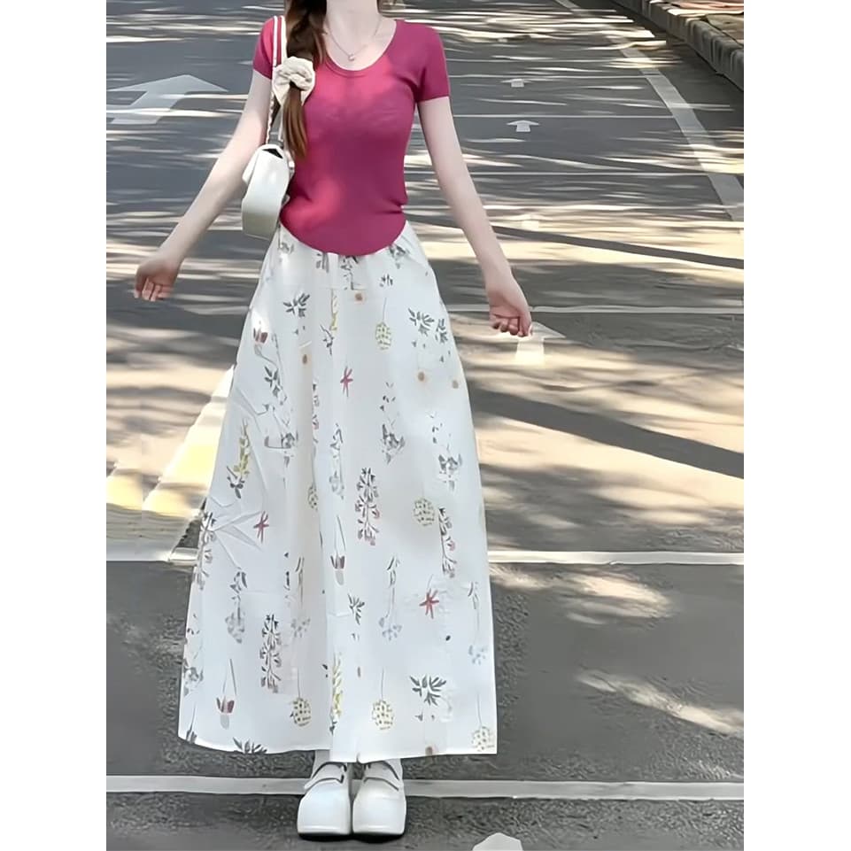 있음 도착 달콤한 스타일 프랑스식 장미 핑크색 맨위 반팔 작은 키 고유 한 디자인 바람 꽃무늬 치마 세트 이미지 6