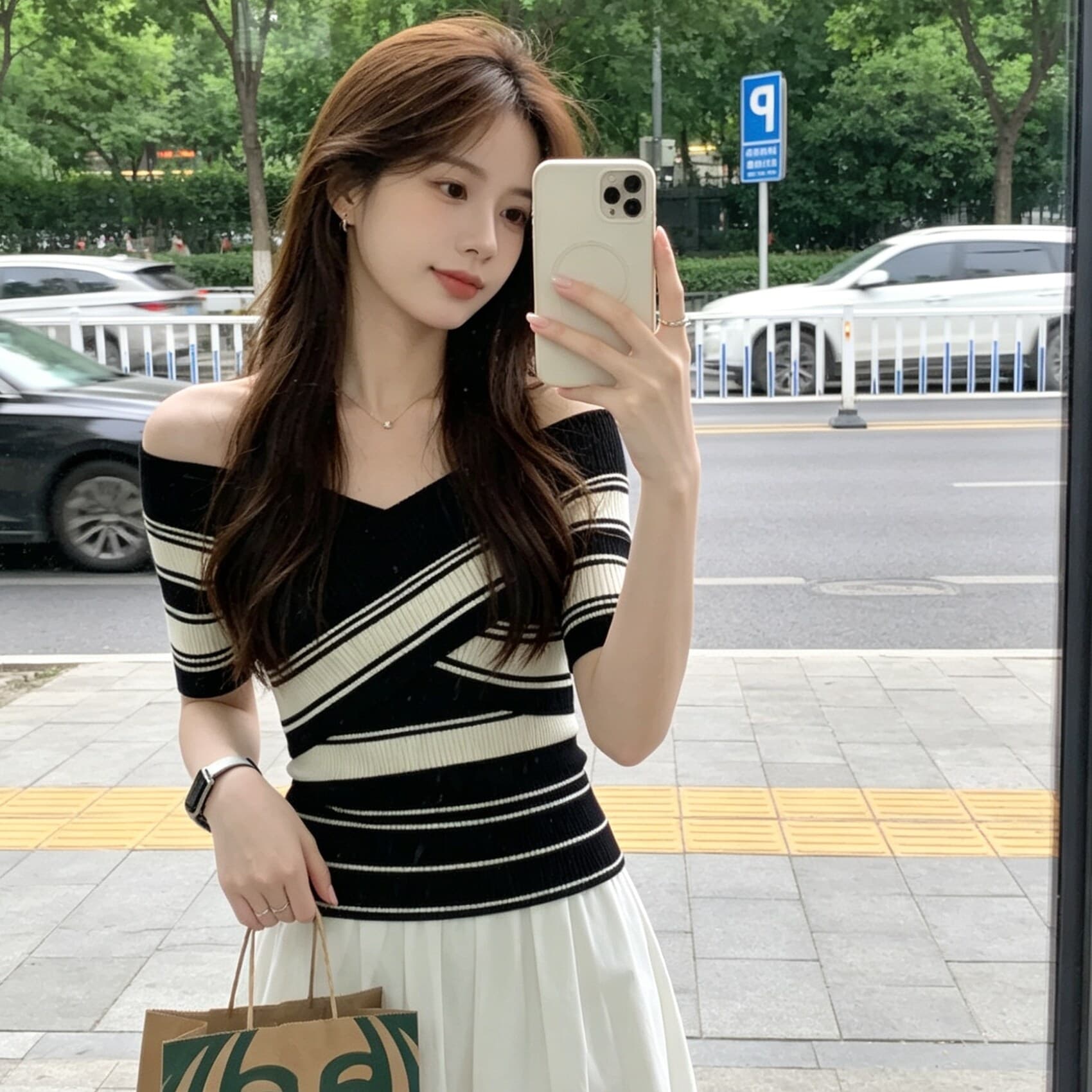있음 도착 배색 스트라이프 십자가 반팔 니트 스웨터 여성 여름 오프숄더 허리 수축 몸매 가꾸기 쇼트 스타일 맨위 상세 이미지 2