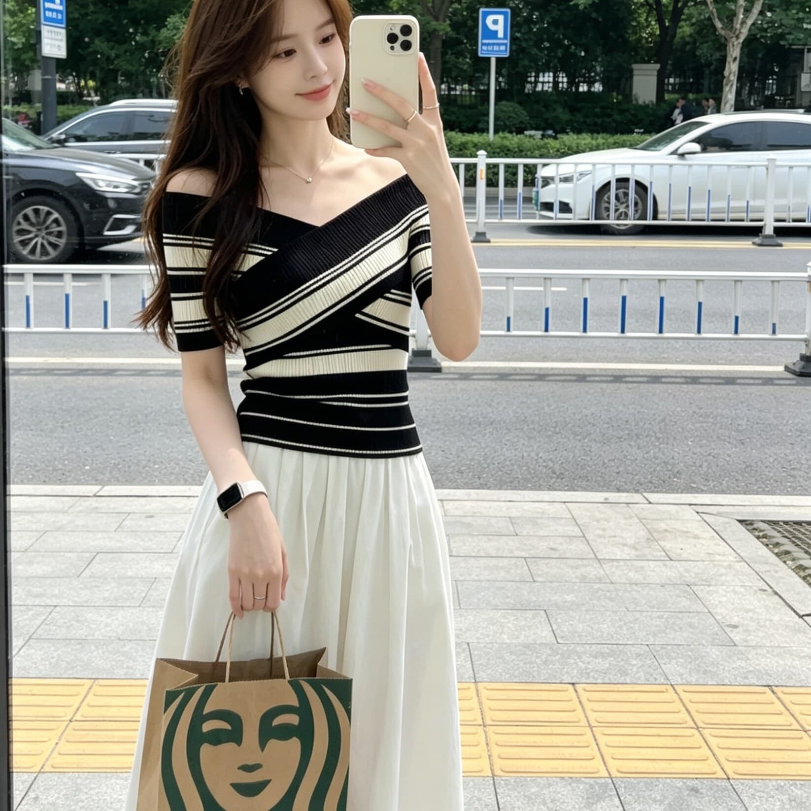 있음 도착 배색 스트라이프 십자가 반팔 니트 스웨터 여성 여름 오프숄더 허리 수축 몸매 가꾸기 쇼트 스타일 맨위 상세 이미지 4