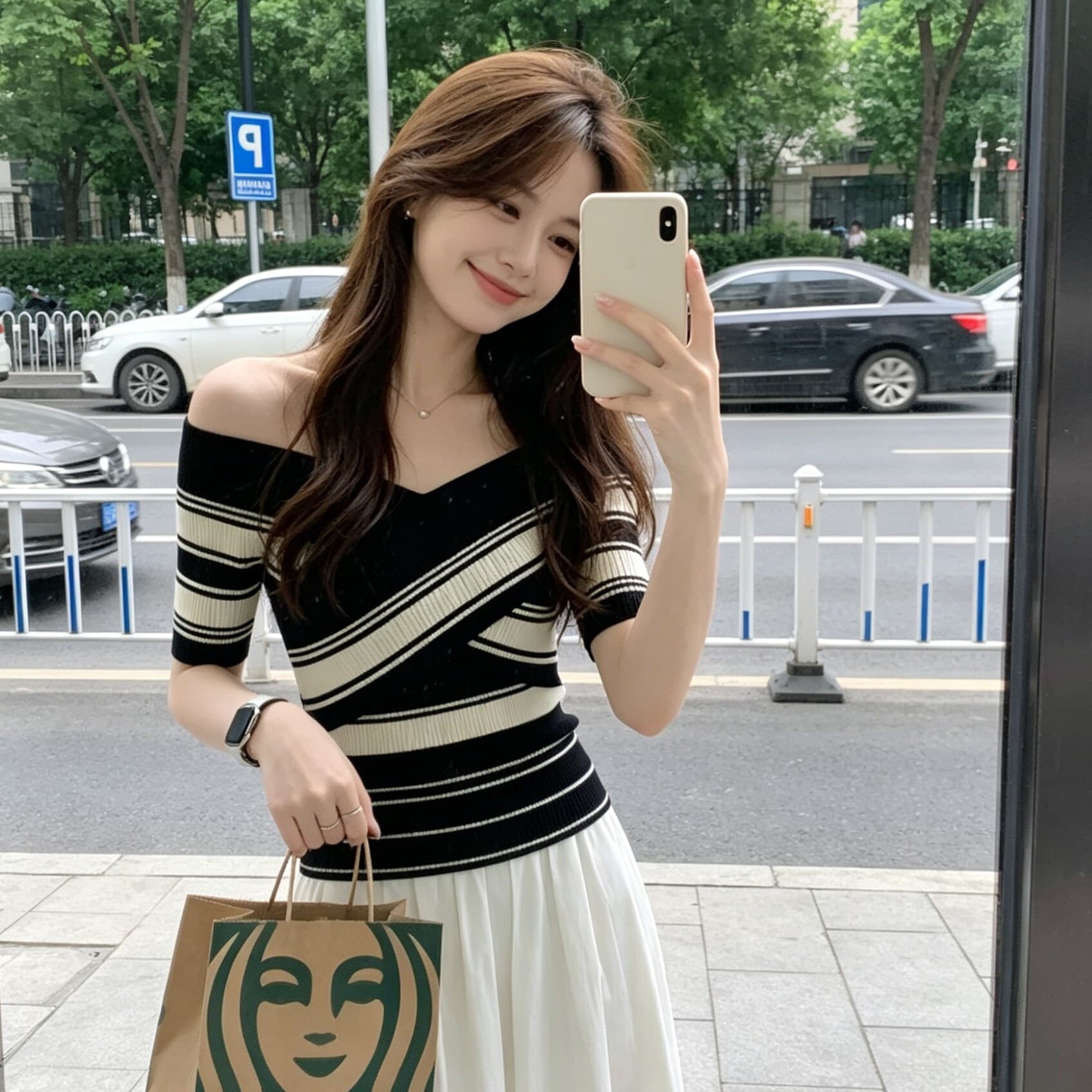 있음 도착 배색 스트라이프 십자가 반팔 니트 스웨터 여성 여름 오프숄더 허리 수축 몸매 가꾸기 쇼트 스타일 맨위 상세 이미지 5