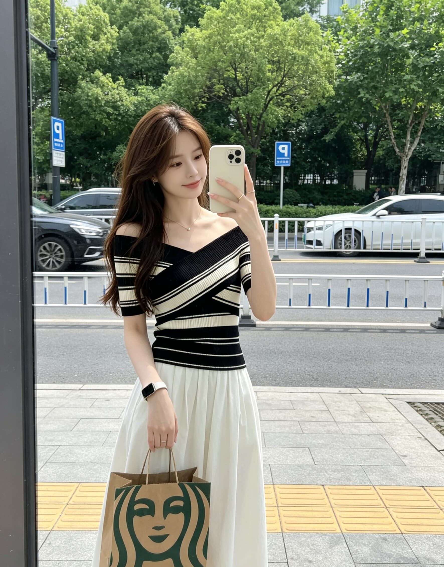 있음 도착 배색 스트라이프 십자가 반팔 니트 스웨터 여성 여름 오프숄더 허리 수축 몸매 가꾸기 쇼트 스타일 맨위 상세 이미지 6