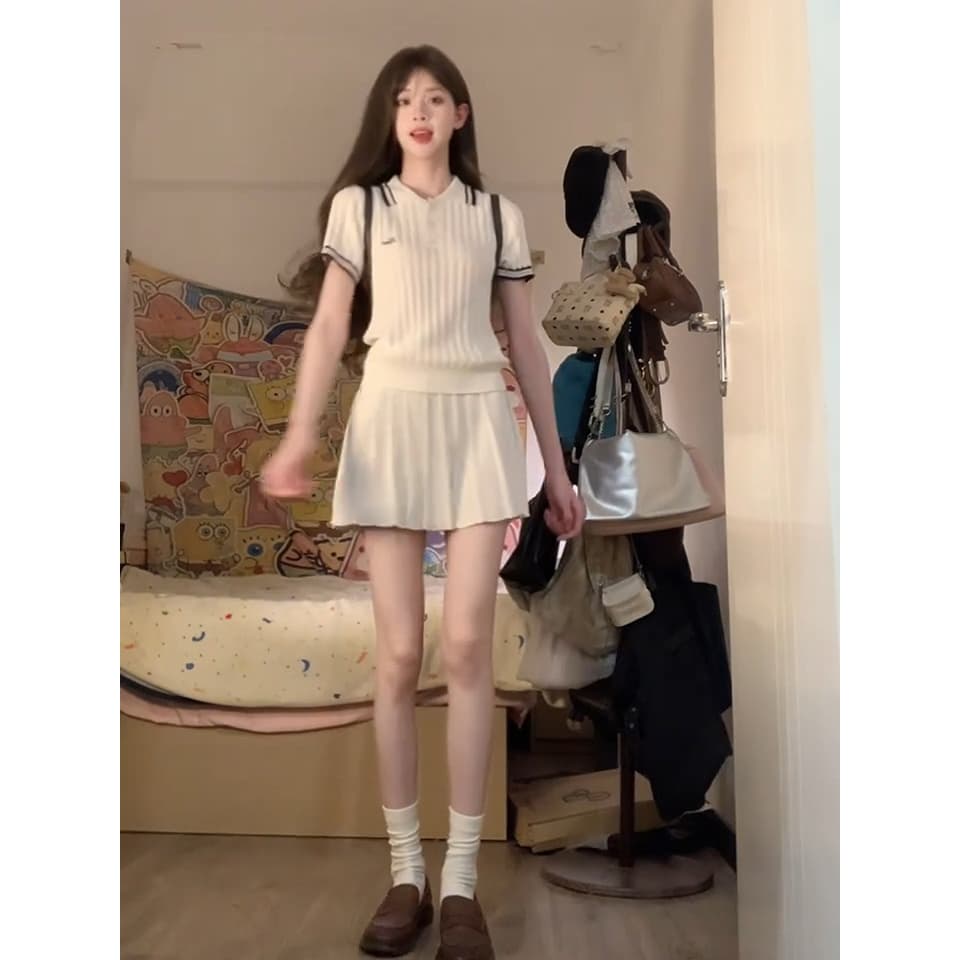 있음 도착 미니멀리즘 자수 POLO 칼라 니트 반팔 티셔츠 여성 여름 새로운 학원 스타일 캐주얼 투피스 세트 상세 이미지 5
