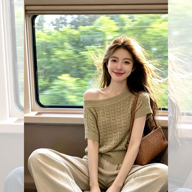 있음 도착 비스듬한 어깨 홀로우 아웃 니트 스웨터 여성 봄 새로운 디자인 센스 부드러운 레이스업 허리 수축 품격 맨위 상세 이미지 1