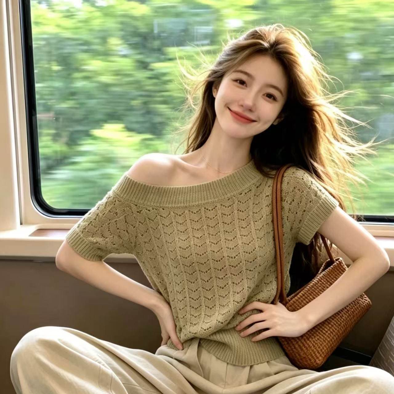 있음 도착 비스듬한 어깨 홀로우 아웃 니트 스웨터 여성 봄 새로운 디자인 센스 부드러운 레이스업 허리 수축 품격 맨위 상세 이미지 5