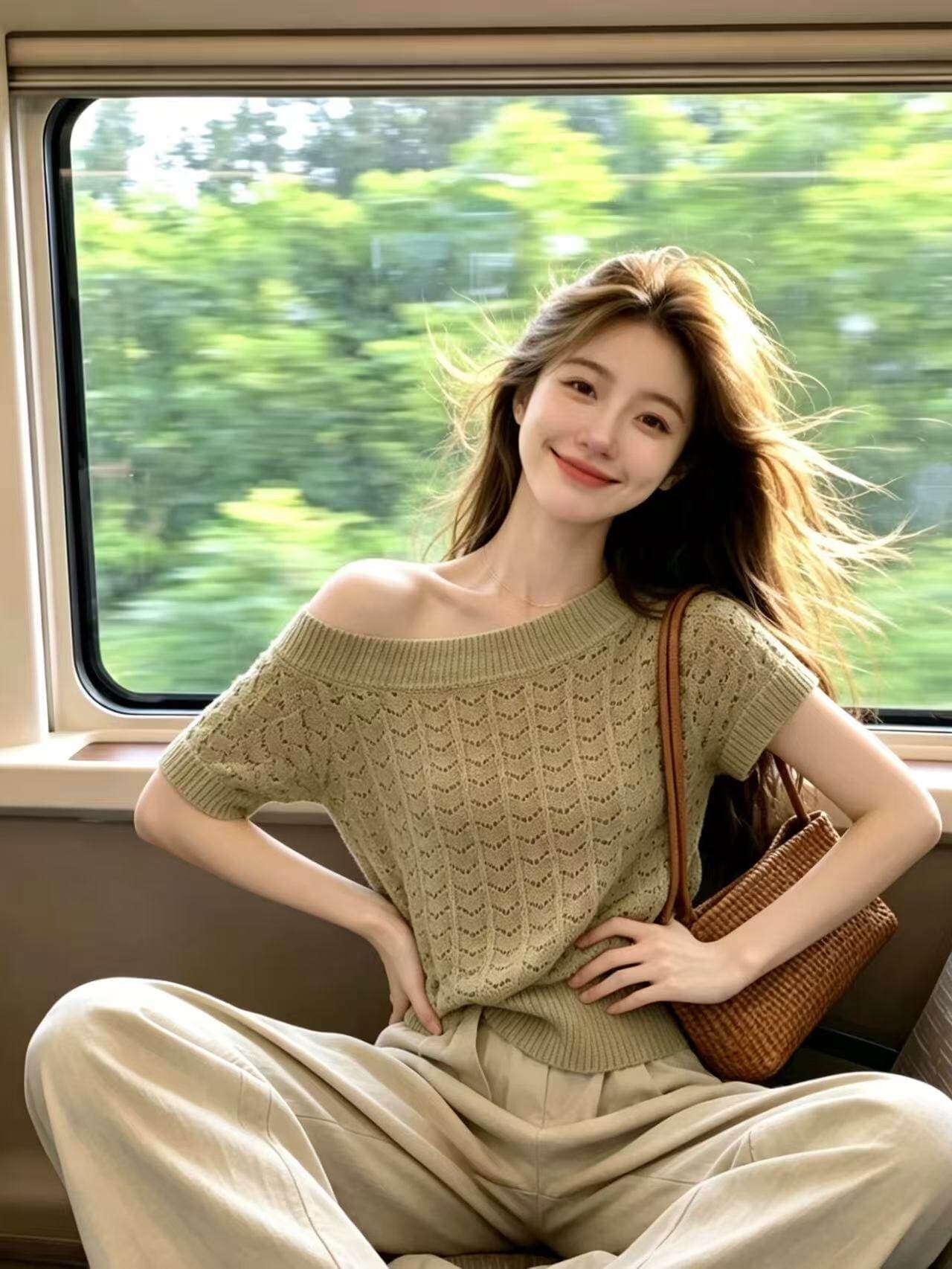 있음 도착 비스듬한 어깨 홀로우 아웃 니트 스웨터 여성 봄 새로운 디자인 센스 부드러운 레이스업 허리 수축 품격 맨위 상세 이미지 7