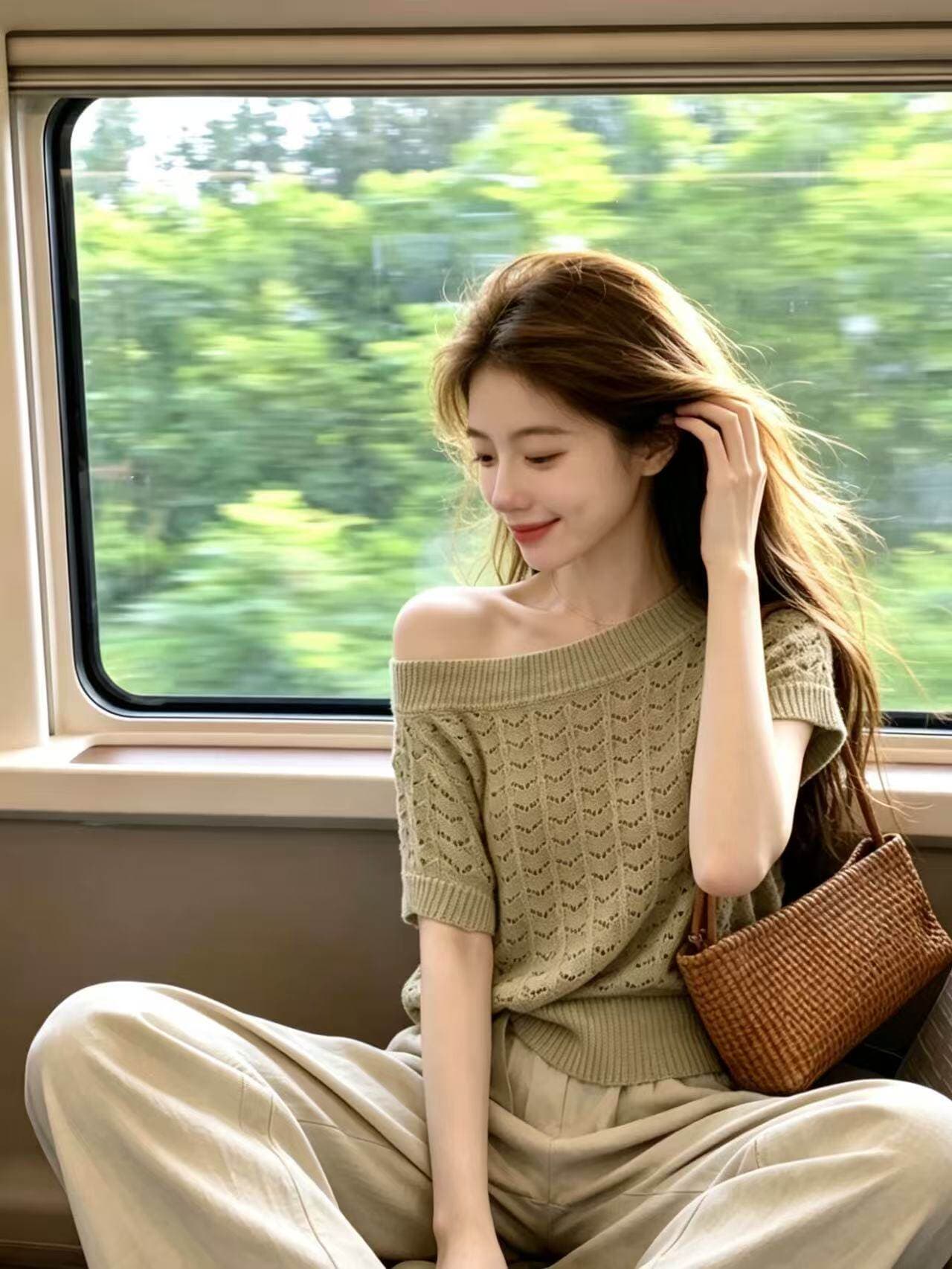 있음 도착 비스듬한 어깨 홀로우 아웃 니트 스웨터 여성 봄 새로운 디자인 센스 부드러운 레이스업 허리 수축 품격 맨위 상세 이미지 8
