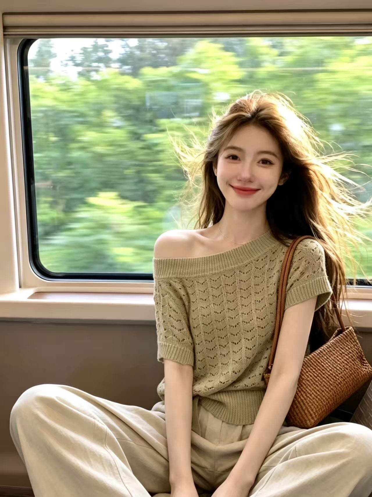 있음 도착 비스듬한 어깨 홀로우 아웃 니트 스웨터 여성 봄 새로운 디자인 센스 부드러운 레이스업 허리 수축 품격 맨위 상세 이미지 9