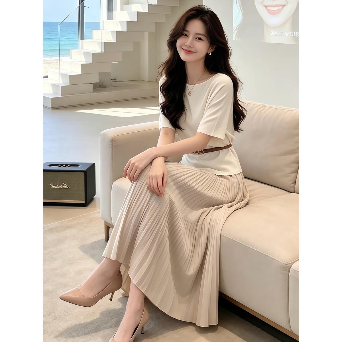 있음 도착 여름 새로운 품격 부드러운 출퇴근 비스듬한 어깨 의류 밝은색 하이웨이스트 반신 스커트 두 조각 여성 세트 상세 이미지 2
