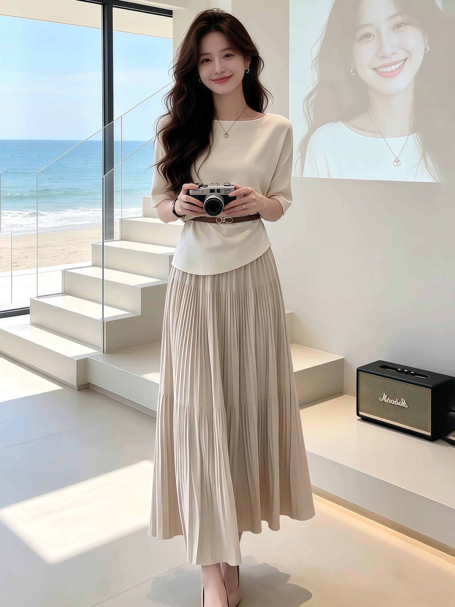 있음 도착 여름 새로운 품격 부드러운 출퇴근 비스듬한 어깨 의류 밝은색 하이웨이스트 반신 스커트 두 조각 여성 세트 상세 이미지 3