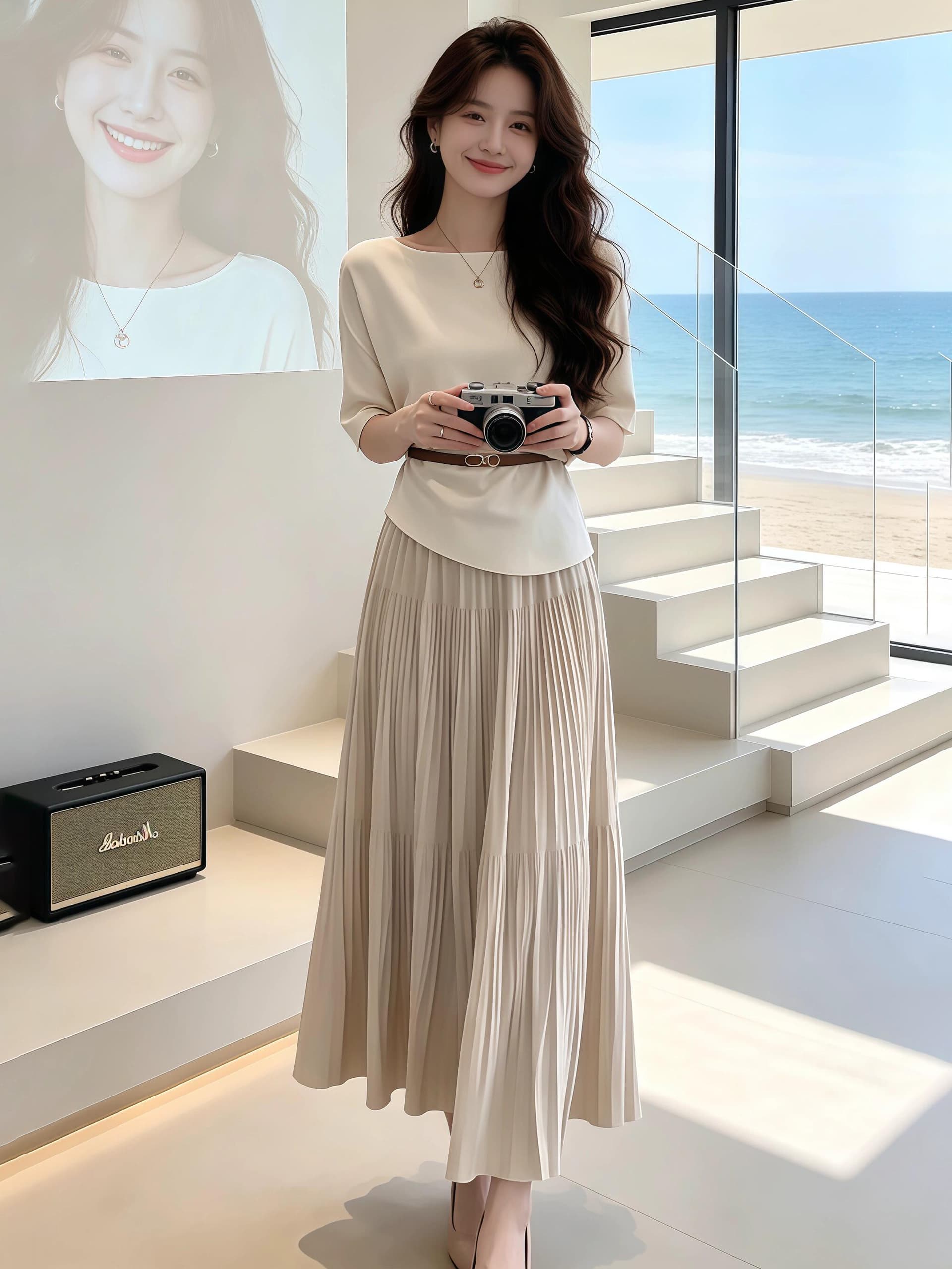 있음 도착 여름 새로운 품격 부드러운 출퇴근 비스듬한 어깨 의류 밝은색 하이웨이스트 반신 스커트 두 조각 여성 세트 상세 이미지 5