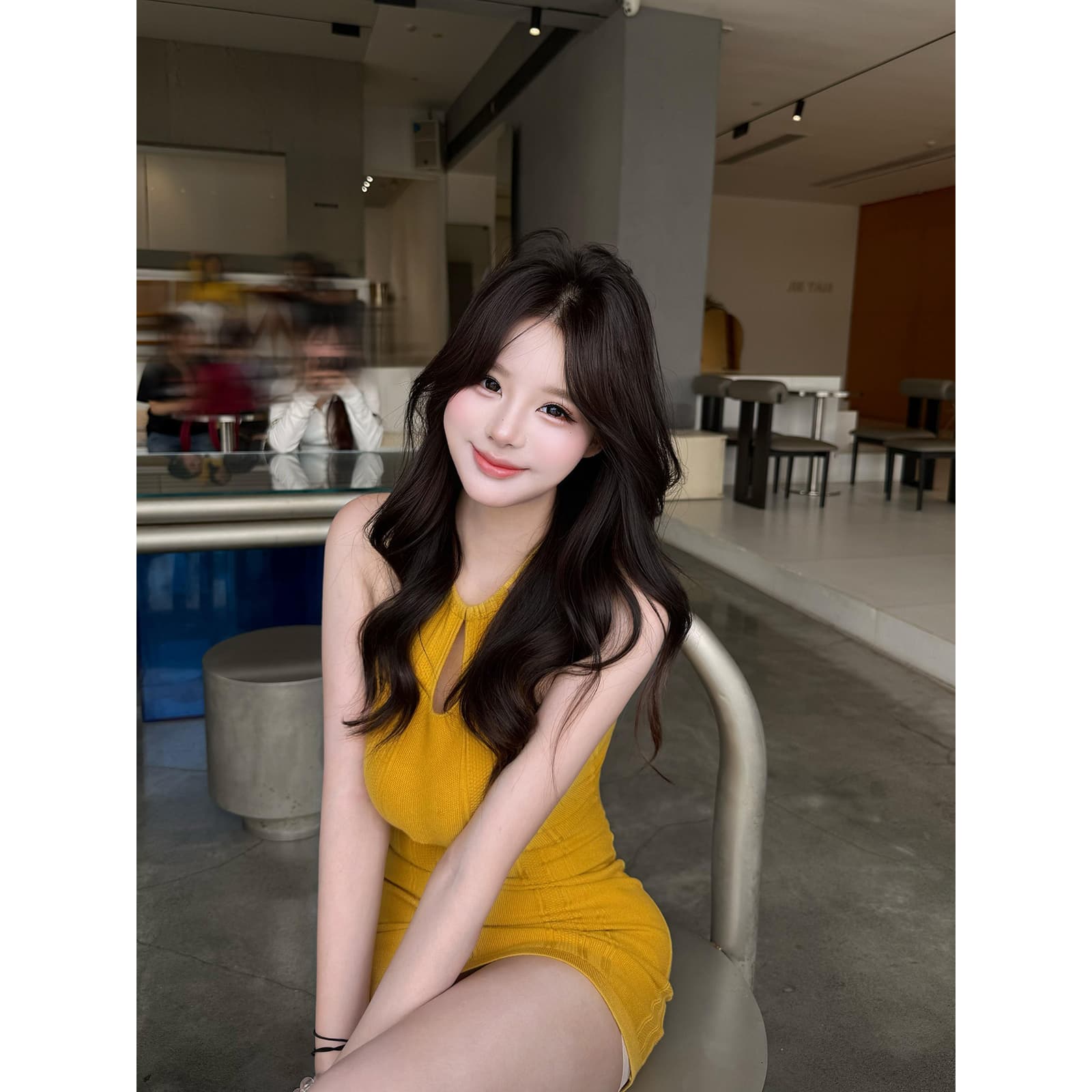 있음 도착 shop 주말 맑은 황색 행침 목 홀로우 아웃 여성 드레스 봄 여름 허리 수축 모직물 타이트 스커트 미니 스커트 상세 이미지 2