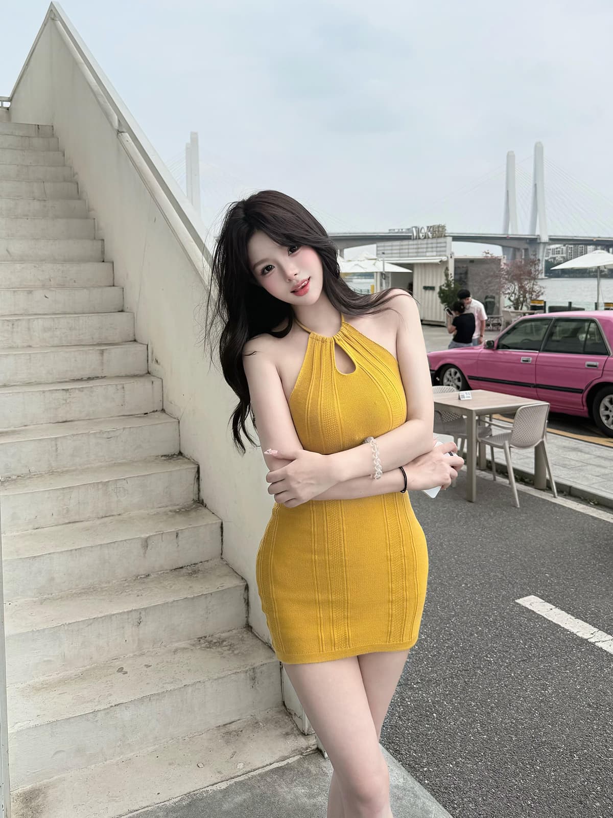 있음 도착 shop 주말 맑은 황색 행침 목 홀로우 아웃 여성 드레스 봄 여름 허리 수축 모직물 타이트 스커트 미니 스커트 상세 이미지 3