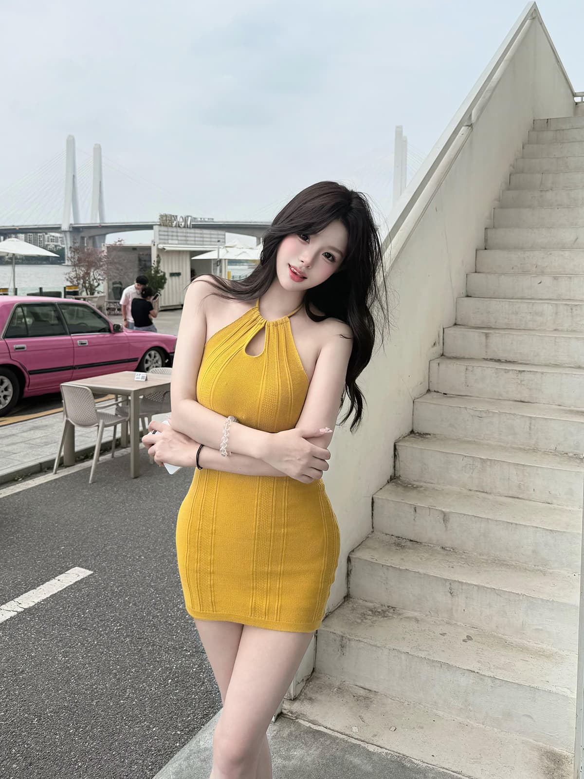 있음 도착 shop 주말 맑은 황색 행침 목 홀로우 아웃 여성 드레스 봄 여름 허리 수축 모직물 타이트 스커트 미니 스커트 상세 이미지 5