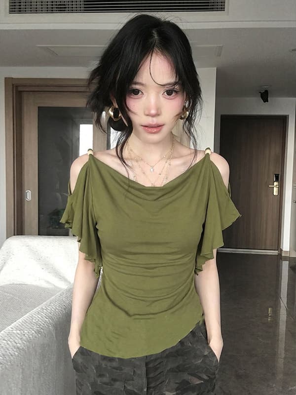 있음 도착 흔들다 칼라 프릴 오프숄더 티셔츠 여성 여름 착용 가져 가라. 품격 핫걸 바람 허리 수축 슬림해 보이는 맨위 상세 이미지 2