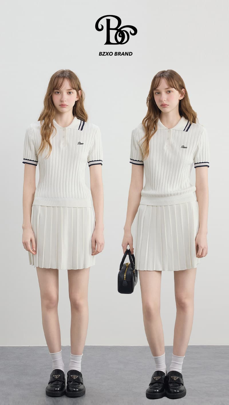 있음 도착 미니멀리즘 자수 POLO 칼라 니트 반팔 티셔츠 여성 여름 새로운 학원 스타일 캐주얼 투피스 세트 상세 이미지 5