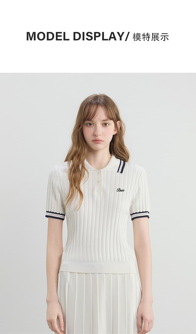 있음 도착 미니멀리즘 자수 POLO 칼라 니트 반팔 티셔츠 여성 여름 새로운 학원 스타일 캐주얼 투피스 세트 상세 이미지 6