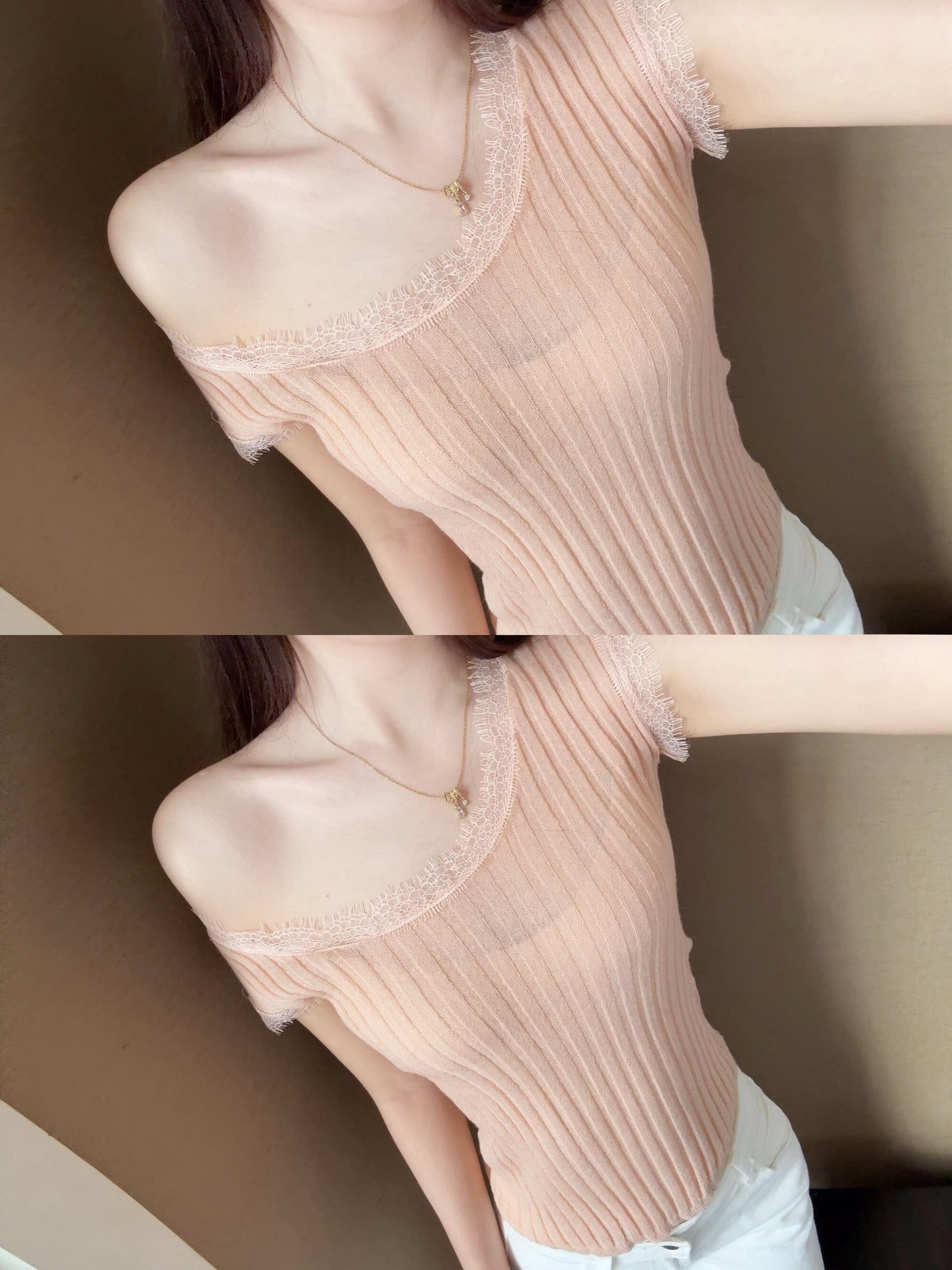 있음 도착 새로운 한 부서 작은 여자 레이스 조각 u 칼라 반팔 몸매 가꾸기 니트 스웨터 맨위 이미지 2
