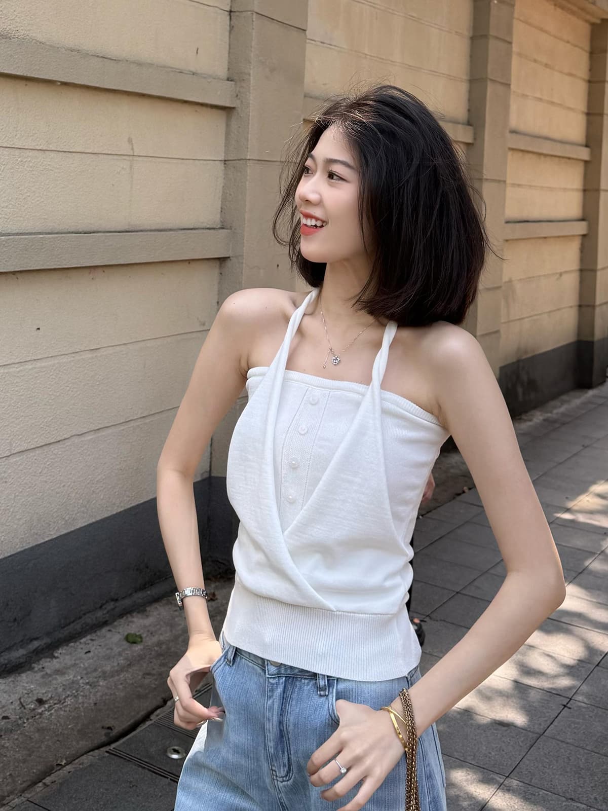 있음 도착 축복 복숭아 추천 여름 새로운 행침 목 슬립 몸매 가꾸기 슬림해 보이는 페이크 레이어드 튜브탑 민소매 니트 상세 이미지 3