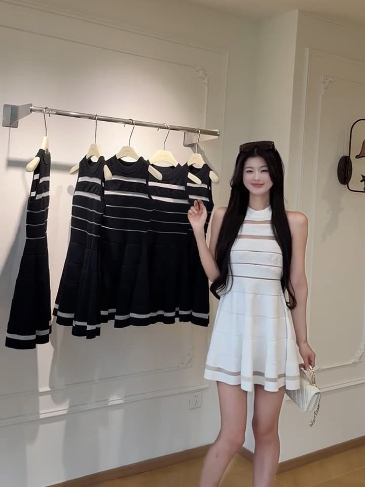 있음 도착 장 원 영어 같은 단락 망사 패치워크 홀로우 아웃 검정색 스트라이프 니트 여성 드레스 여름 새로운 민소매 상세 이미지 6