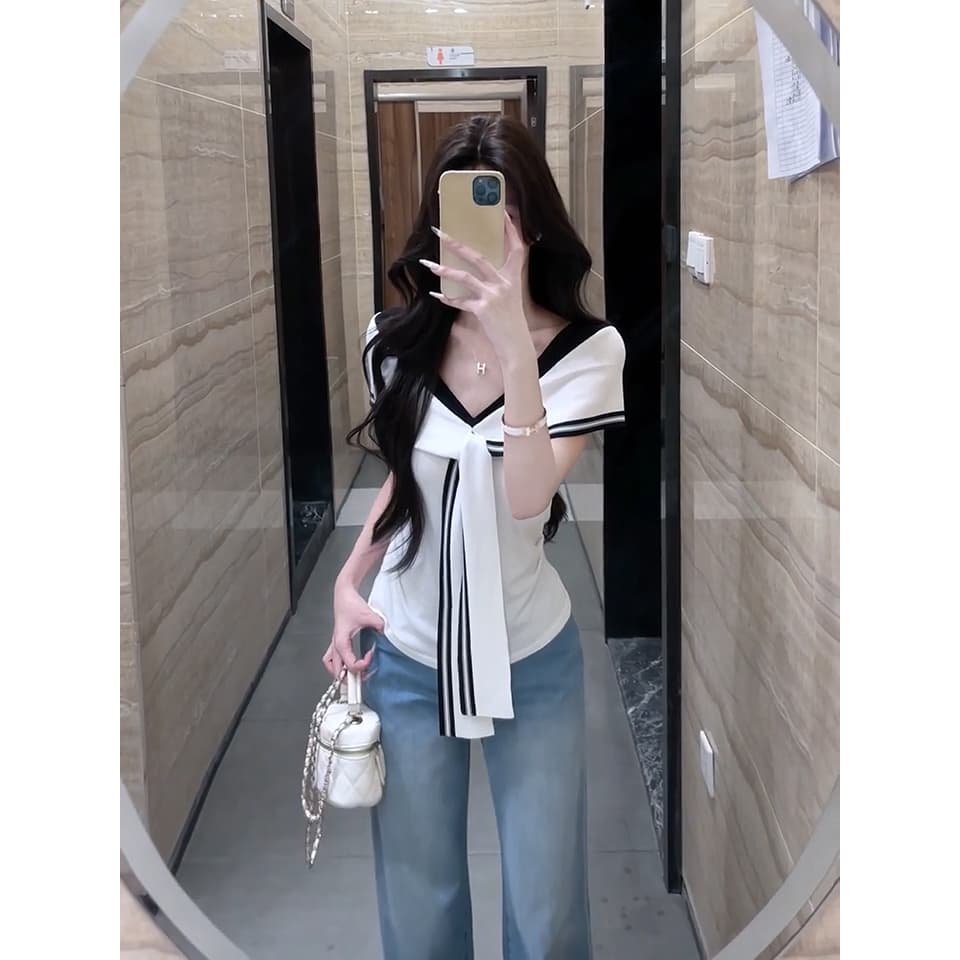 있음 도착 해군 칼라 민소매 아코디언 니트 스웨터 여성 여름 고급 센스 느긋한 몸매 가꾸기 프랑스식 화이트 맨위 이미지 6