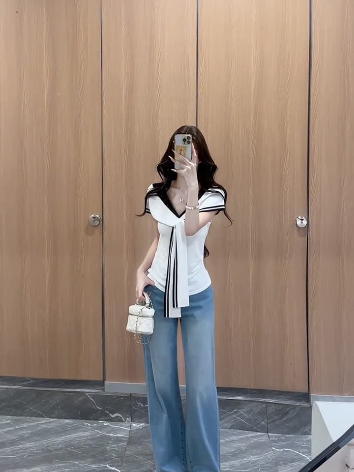 있음 도착 해군 칼라 민소매 아코디언 니트 스웨터 여성 여름 고급 센스 느긋한 몸매 가꾸기 프랑스식 화이트 맨위 이미지 4