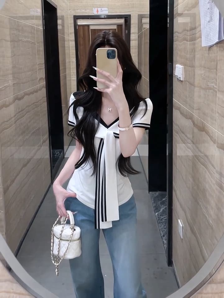 있음 도착 해군 칼라 민소매 아코디언 니트 스웨터 여성 여름 고급 센스 느긋한 몸매 가꾸기 프랑스식 화이트 맨위 상세 이미지 2
