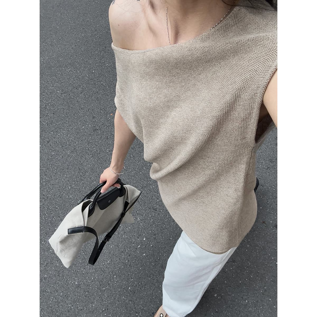 있음 도착 여름 양모 아마 3 차원 자르기 한 단어 비스듬한 어깨 둘 착용 작은 셔츠 반팔 여성 셔츠 여성 여름 상세 이미지 2