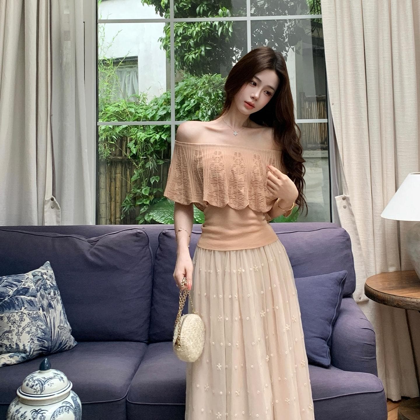 있음 도착 무쯔리 목자이 ~ 중 리 부드러운 순수한 욕망 바람 오프숄더 프릴 홀로우 아웃 니트 맨위 상세 이미지 5