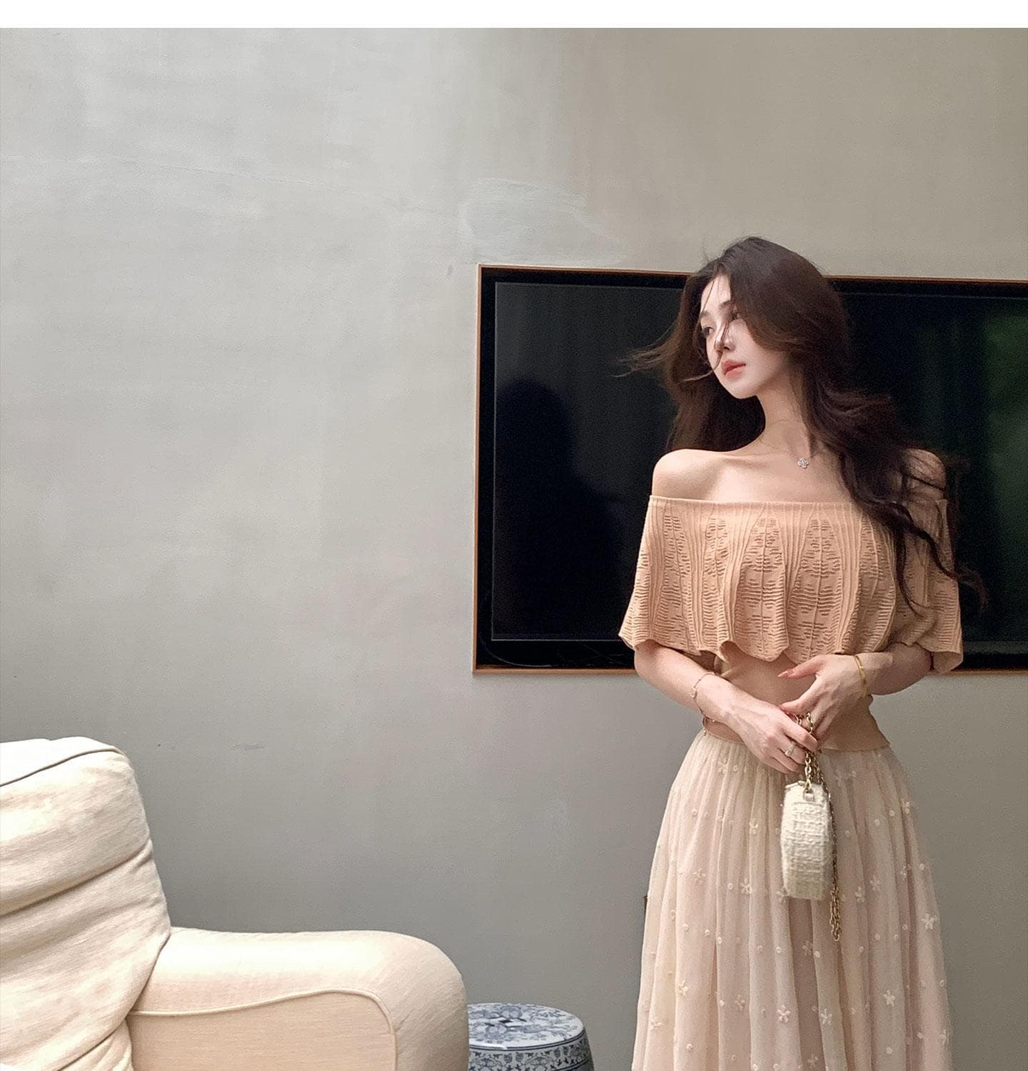 있음 도착 무쯔리 목자이 ~ 중 리 부드러운 순수한 욕망 바람 오프숄더 프릴 홀로우 아웃 니트 맨위 상세 이미지 9