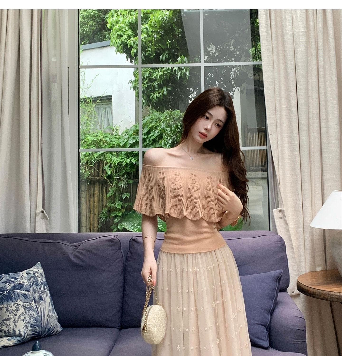 있음 도착 무쯔리 목자이 ~ 중 리 부드러운 순수한 욕망 바람 오프숄더 프릴 홀로우 아웃 니트 맨위 상세 이미지 10