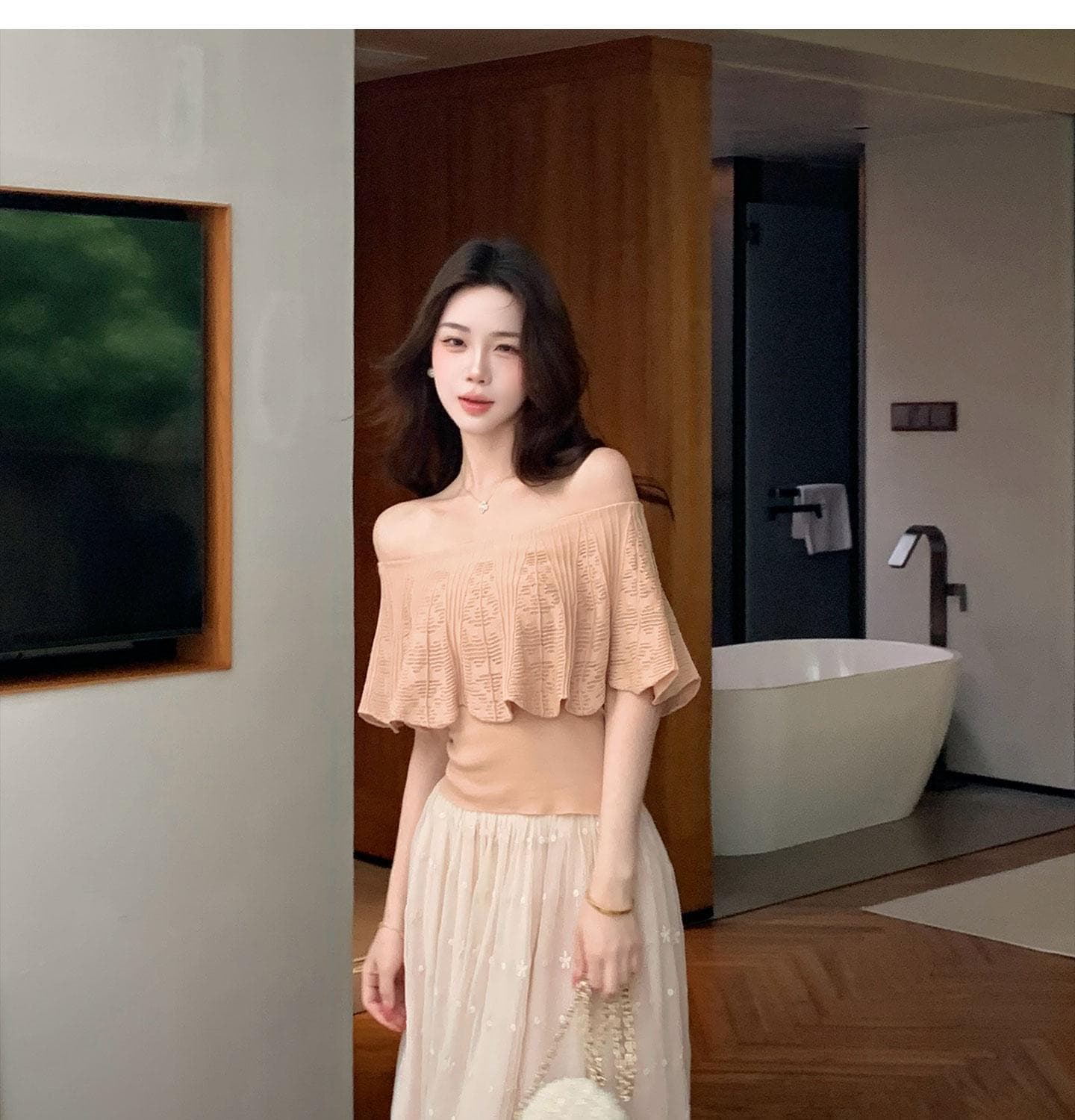 있음 도착 무쯔리 목자이 ~ 중 리 부드러운 순수한 욕망 바람 오프숄더 프릴 홀로우 아웃 니트 맨위 상세 이미지 12