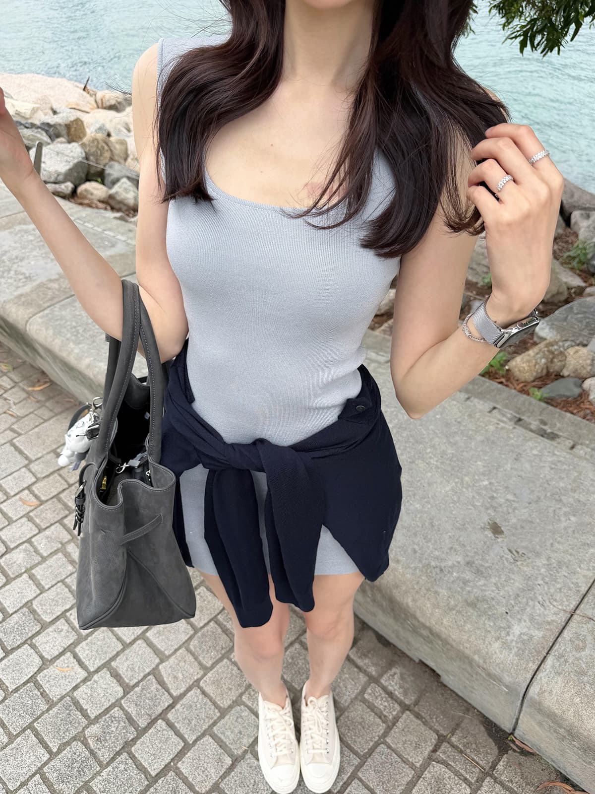 있음 도착 프랑스식 광장 칼라 민소매 조끼 여성 드레스 여름 로얄 자매 품격 허리 수축 몸매 가꾸기 타이트 스커트 상세 이미지 6