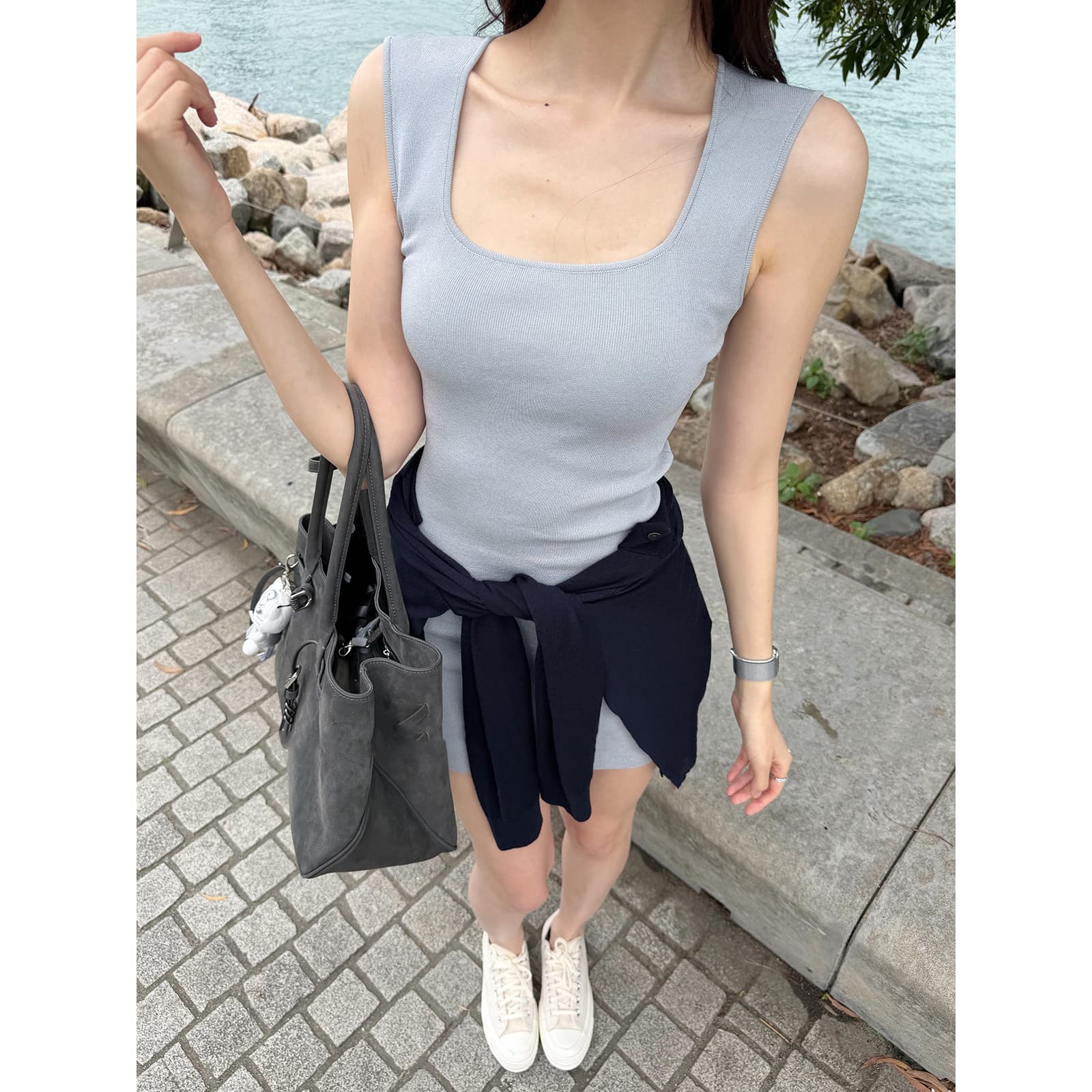 있음 도착 프랑스식 광장 칼라 민소매 조끼 여성 드레스 여름 로얄 자매 품격 허리 수축 몸매 가꾸기 타이트 스커트 상세 이미지 7