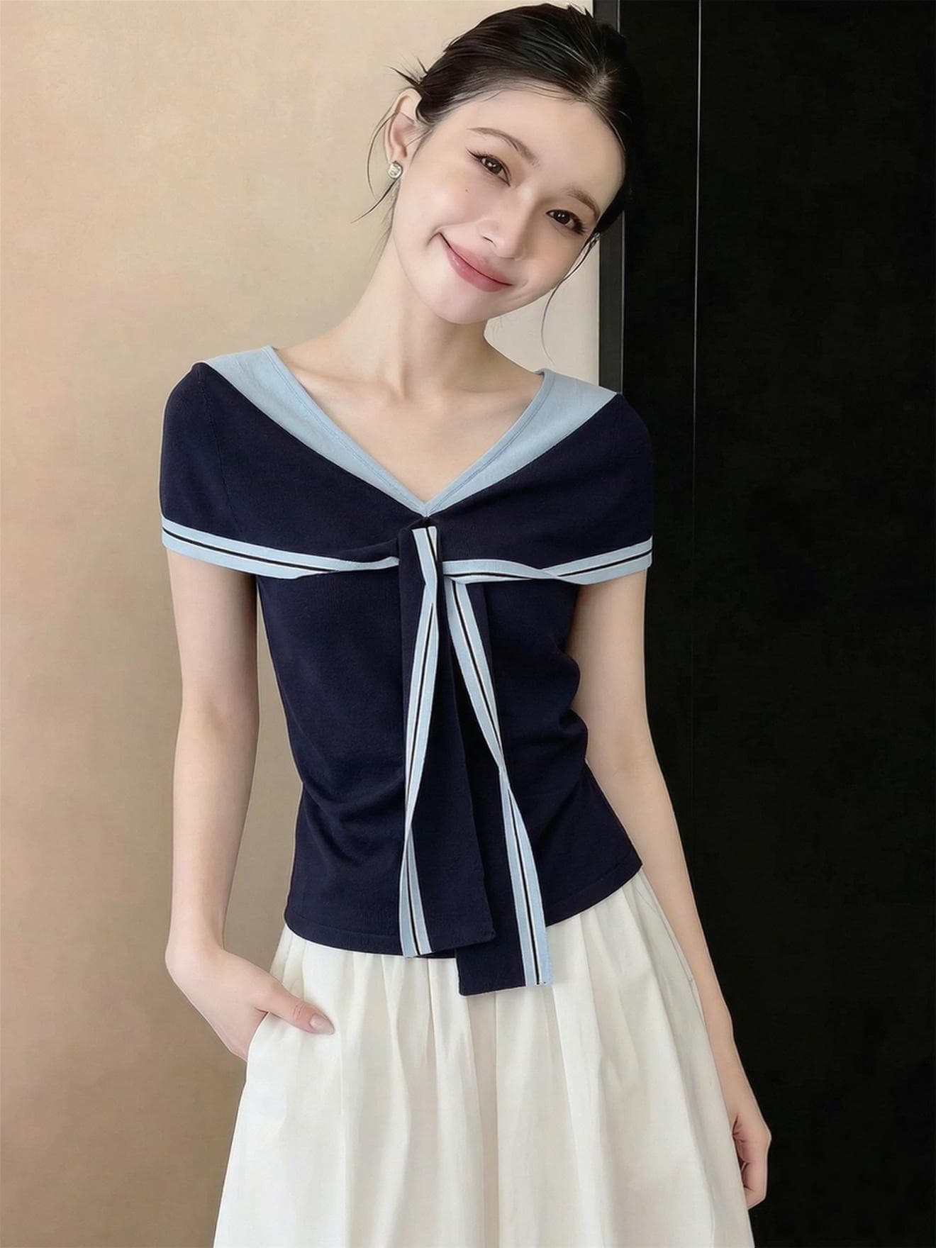 있음 도착 해군 칼라 민소매 아코디언 니트 스웨터 여성 여름 고급 센스 느긋한 몸매 가꾸기 프랑스식 화이트 맨위 상세 이미지 5