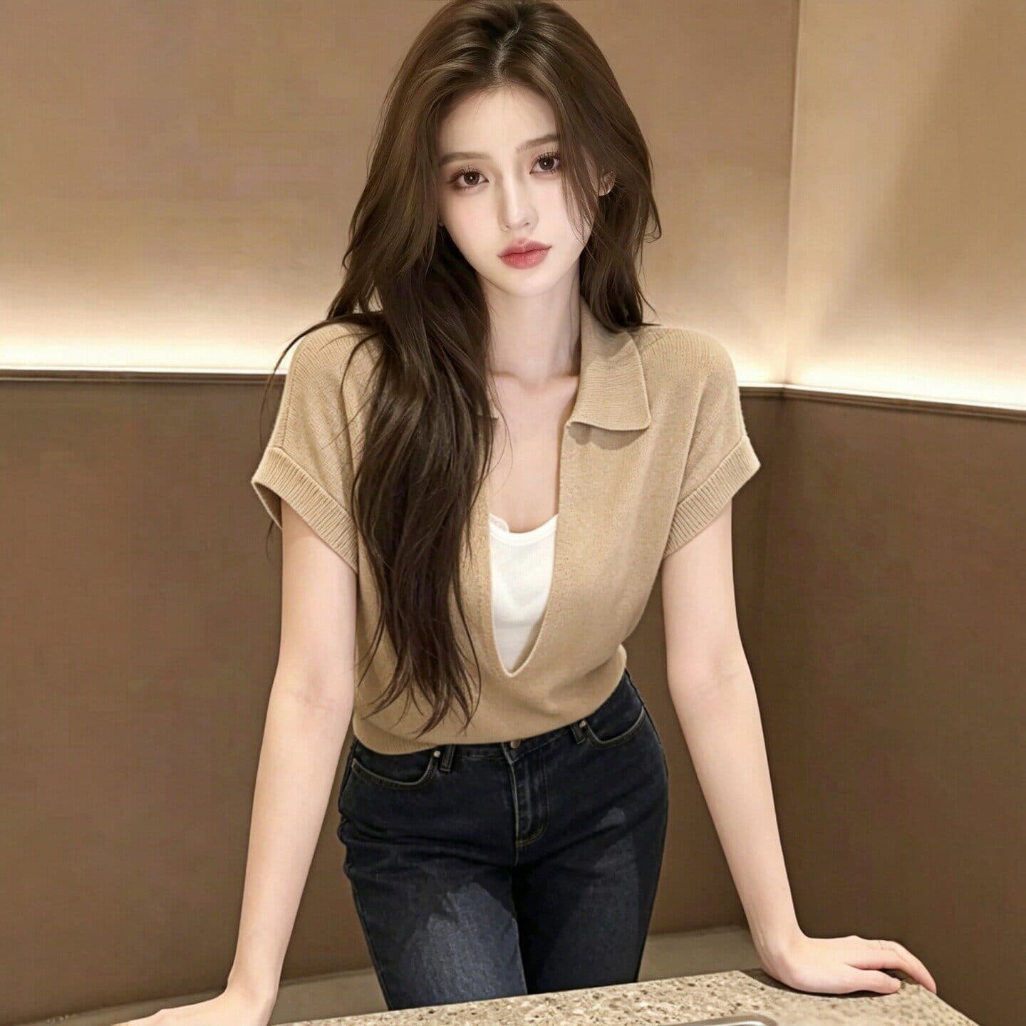 있음 도착 프랑스식 POLO 칼라 페이크 레이어드 니트 반팔 티셔츠 여성 여름 자이언트 잘 생긴 ~ 중 작은 대중 맨위 상세 이미지 2