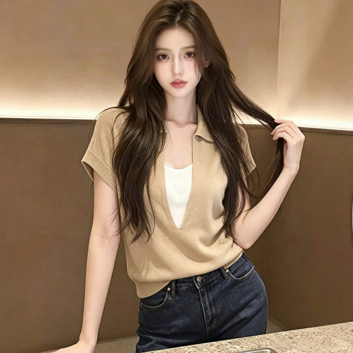 있음 도착 프랑스식 POLO 칼라 페이크 레이어드 니트 반팔 티셔츠 여성 여름 자이언트 잘 생긴 ~ 중 작은 대중 맨위 상세 이미지 3