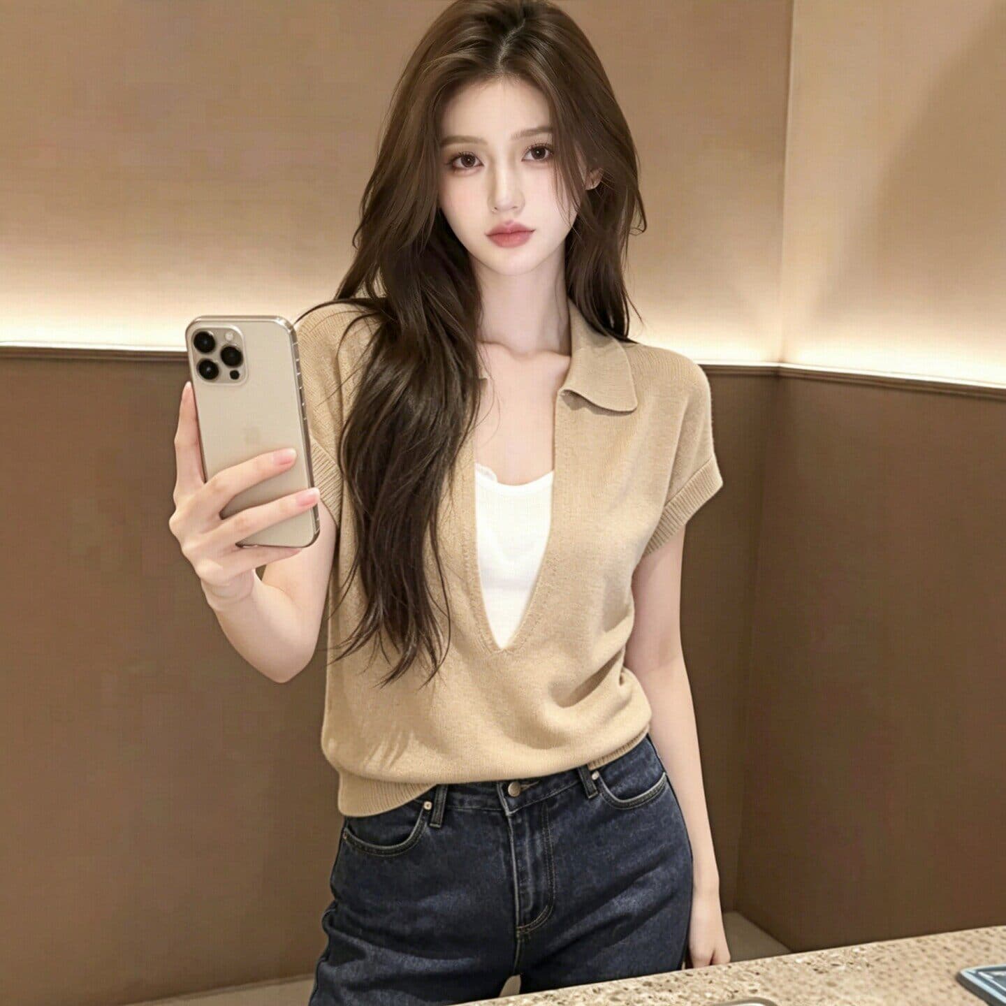 있음 도착 프랑스식 POLO 칼라 페이크 레이어드 니트 반팔 티셔츠 여성 여름 자이언트 잘 생긴 ~ 중 작은 대중 맨위 상세 이미지 4