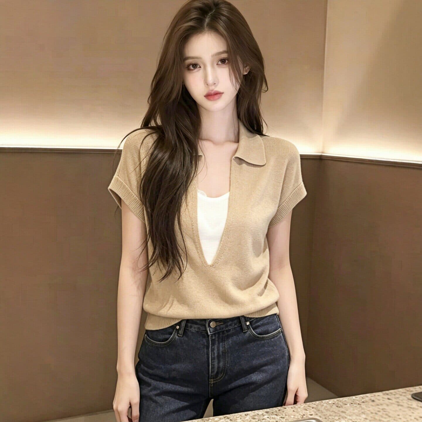 있음 도착 프랑스식 POLO 칼라 페이크 레이어드 니트 반팔 티셔츠 여성 여름 자이언트 잘 생긴 ~ 중 작은 대중 맨위 상세 이미지 5