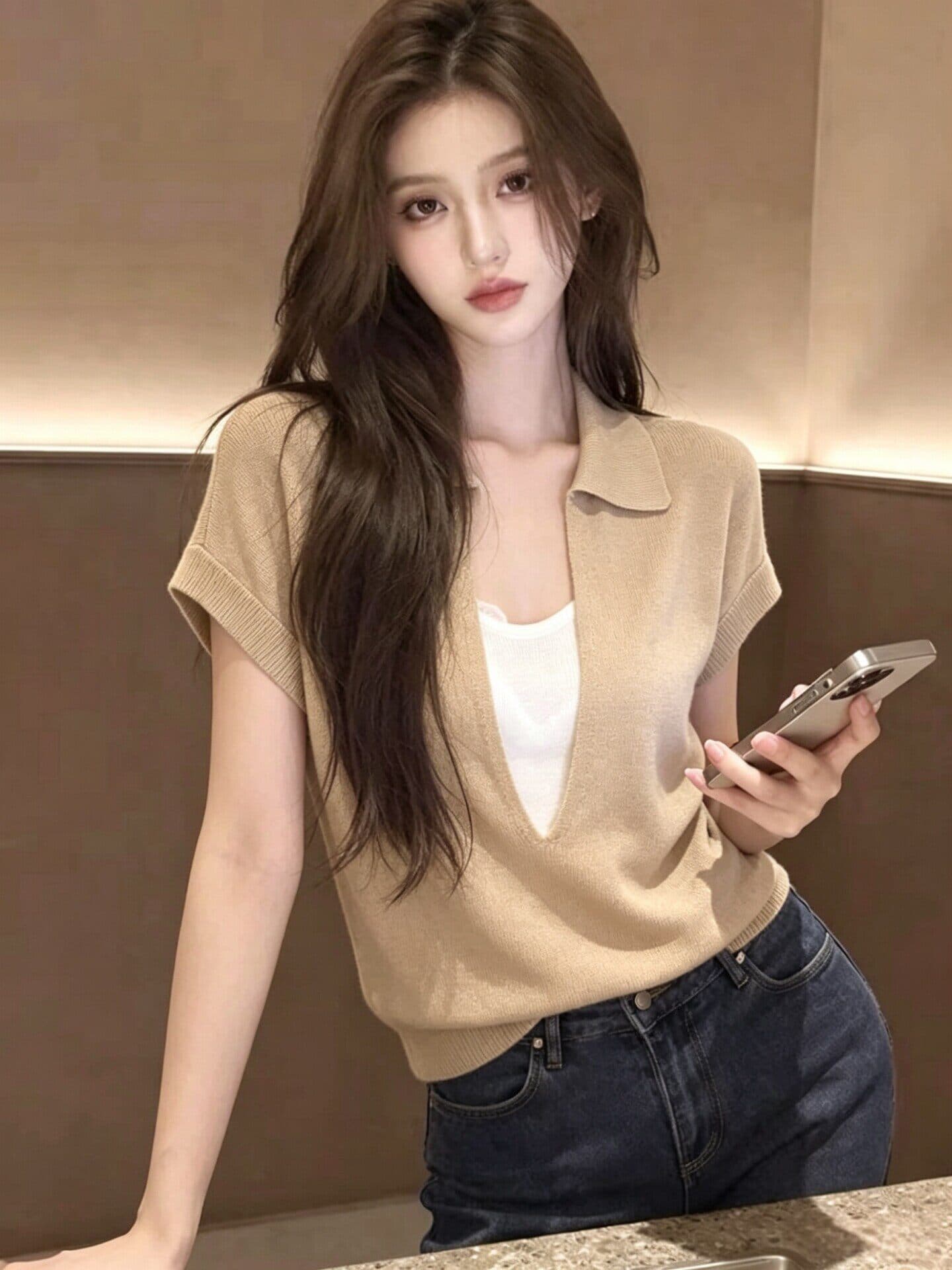 있음 도착 프랑스식 POLO 칼라 페이크 레이어드 니트 반팔 티셔츠 여성 여름 자이언트 잘 생긴 ~ 중 작은 대중 맨위 상세 이미지 6