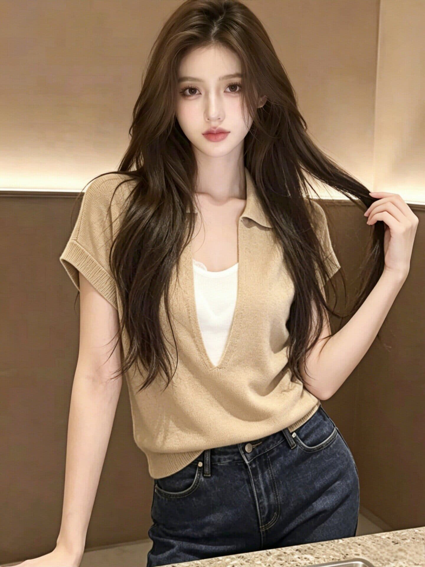 있음 도착 프랑스식 POLO 칼라 페이크 레이어드 니트 반팔 티셔츠 여성 여름 자이언트 잘 생긴 ~ 중 작은 대중 맨위 상세 이미지 8