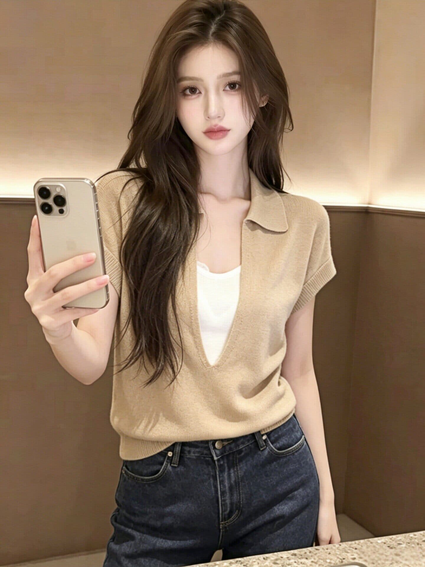 있음 도착 프랑스식 POLO 칼라 페이크 레이어드 니트 반팔 티셔츠 여성 여름 자이언트 잘 생긴 ~ 중 작은 대중 맨위 상세 이미지 9