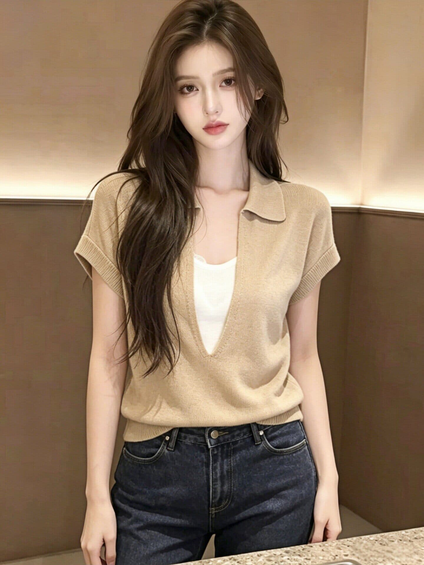 있음 도착 프랑스식 POLO 칼라 페이크 레이어드 니트 반팔 티셔츠 여성 여름 자이언트 잘 생긴 ~ 중 작은 대중 맨위 상세 이미지 10