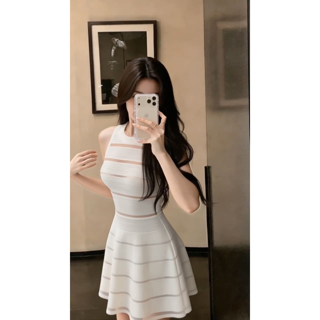 있음 도착 장 원 영어 같은 단락 망사 패치워크 홀로우 아웃 검정색 스트라이프 니트 여성 드레스 여름 새로운 민소매 이미지 6