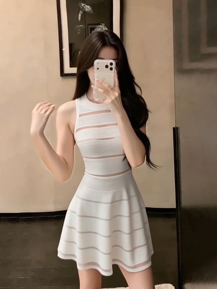 있음 도착 장 원 영어 같은 단락 망사 패치워크 홀로우 아웃 검정색 스트라이프 니트 여성 드레스 여름 새로운 민소매 상세 이미지 6