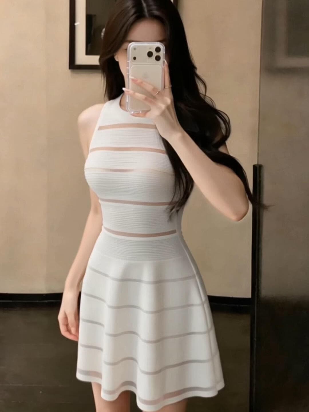 있음 도착 장 원 영어 같은 단락 망사 패치워크 홀로우 아웃 검정색 스트라이프 니트 여성 드레스 여름 새로운 민소매 상세 이미지 8