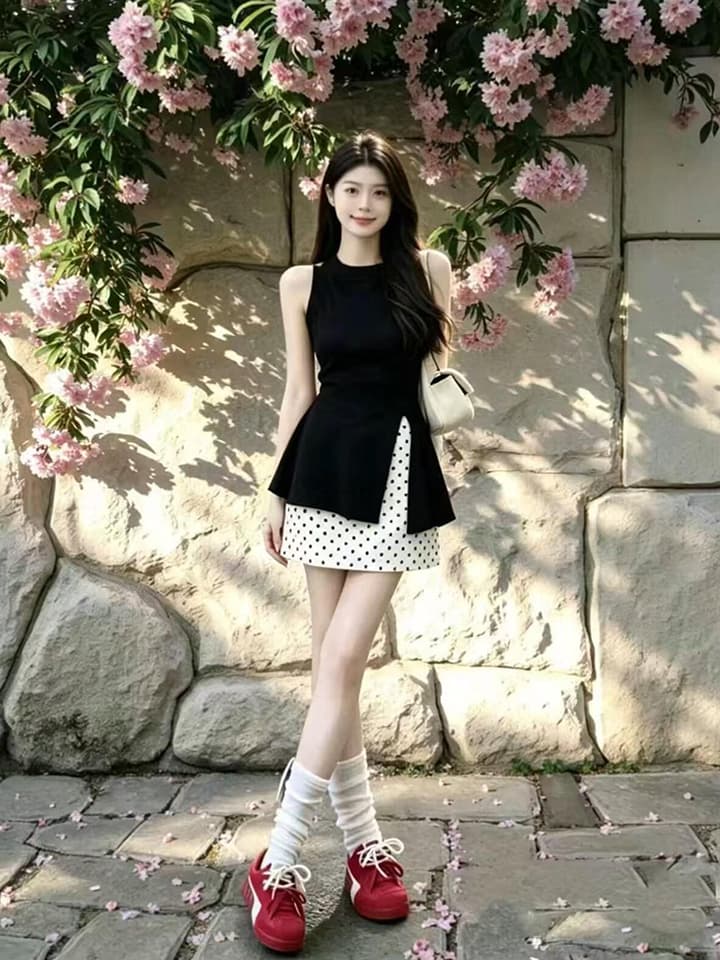 있음 도착 검정색 레이스업 나비 매듭 민소매 트임 조끼 여성 여름 달콤한 매운맛 맨위 반신 치마 세트 여름 상세 이미지 1