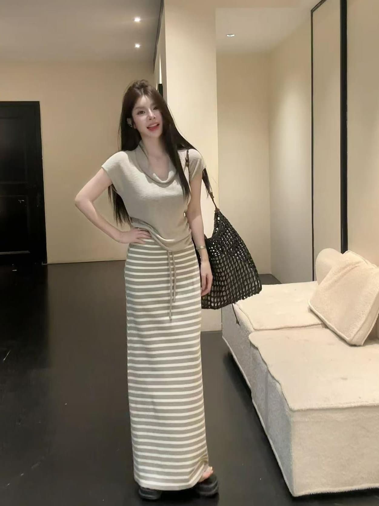 huihui 순수한 욕망 핫걸 한국 스타일 흔들다 칼라 반팔 티셔츠 하이웨이스트 스트라이프 반신 치마 세트 l0657 상세 이미지 4