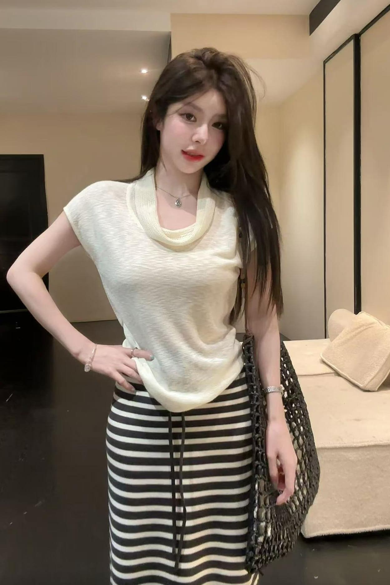 huihui 순수한 욕망 핫걸 한국 스타일 흔들다 칼라 반팔 티셔츠 하이웨이스트 스트라이프 반신 치마 세트 l0657 상세 이미지 5