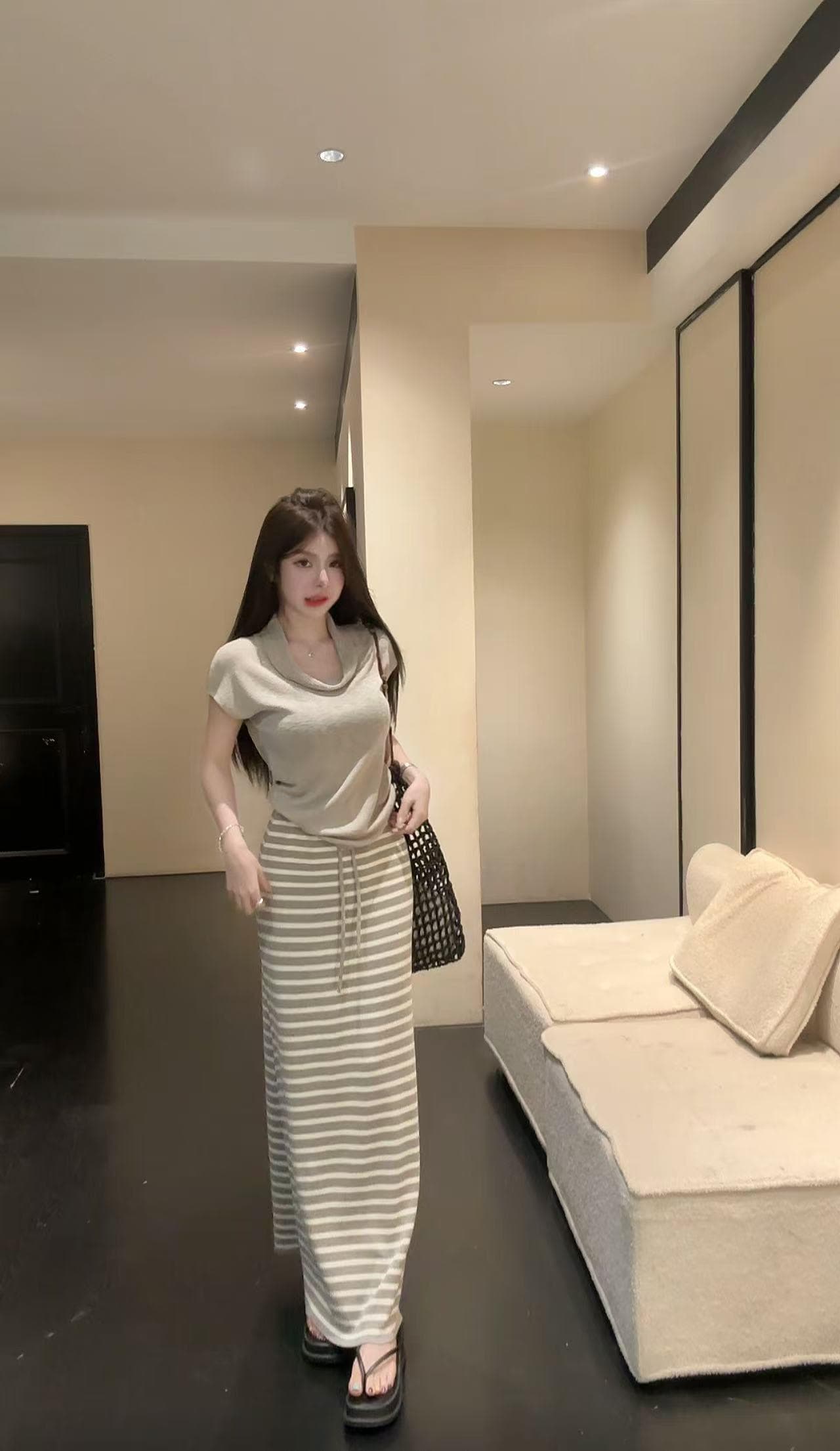 huihui 순수한 욕망 핫걸 한국 스타일 흔들다 칼라 반팔 티셔츠 하이웨이스트 스트라이프 반신 치마 세트 l0657 상세 이미지 21