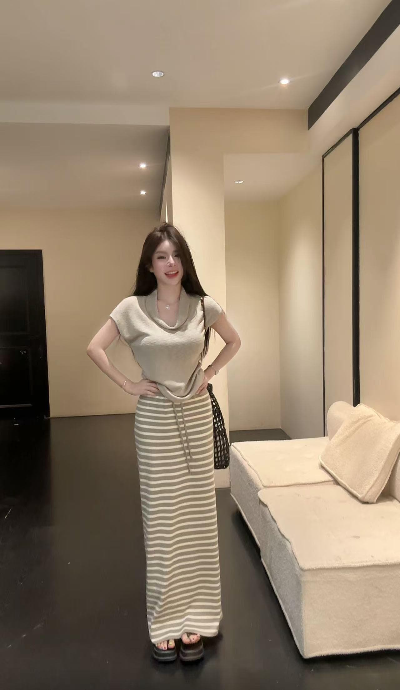 huihui 순수한 욕망 핫걸 한국 스타일 흔들다 칼라 반팔 티셔츠 하이웨이스트 스트라이프 반신 치마 세트 l0657 상세 이미지 23